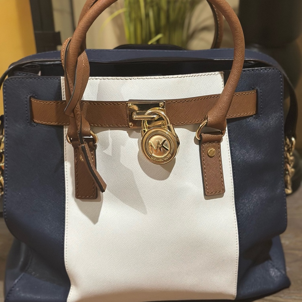Michael Kors Blue and White Satchel with Brown Accents